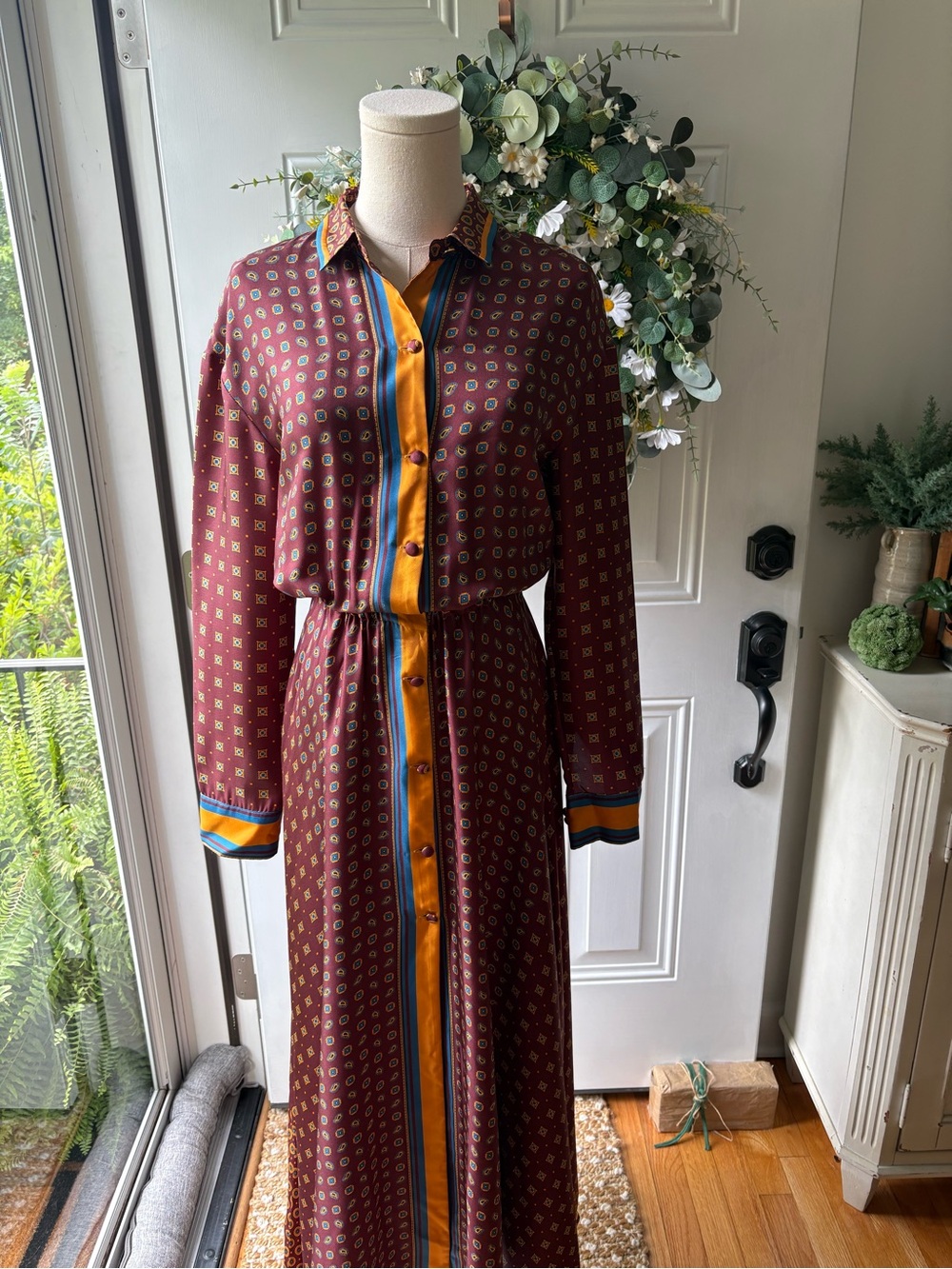 Tommy Hilfiger 100% Silk Maroon Maxi Dress with Gold and Blue Trim